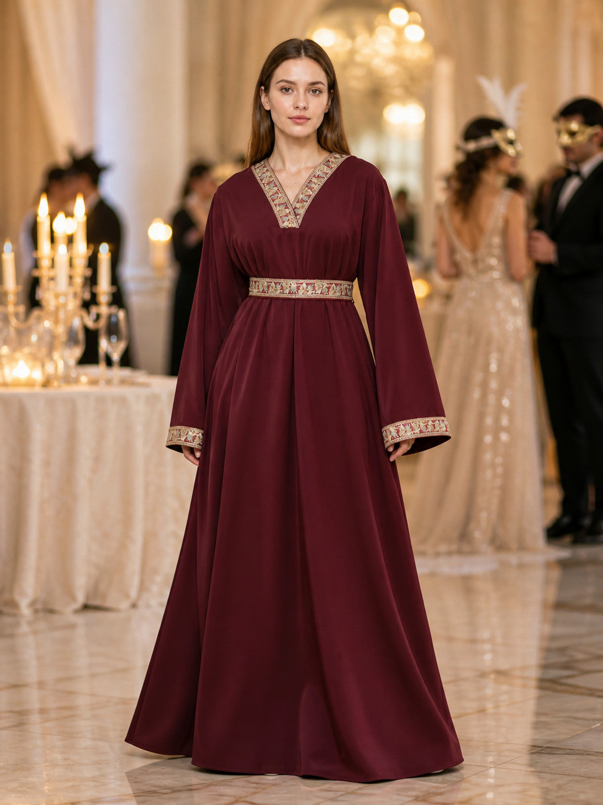 Wine-Burgundy Maxi Dress with Belt and Embroidery lifestyle view