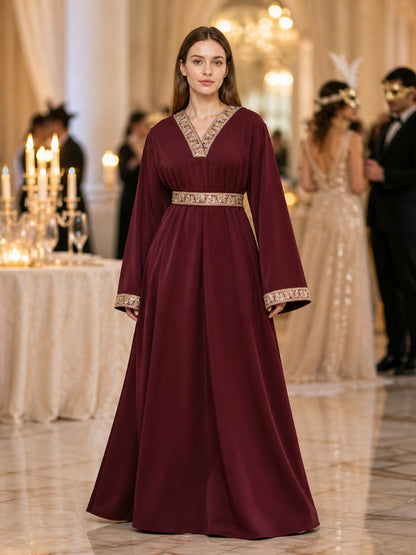 Wine-Burgundy Maxi Dress with Belt and Embroidery lifestyle view