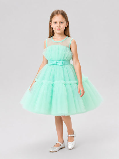 Mint Green Girls' Dress with Full Skirt and Bow Costume Dresses detail