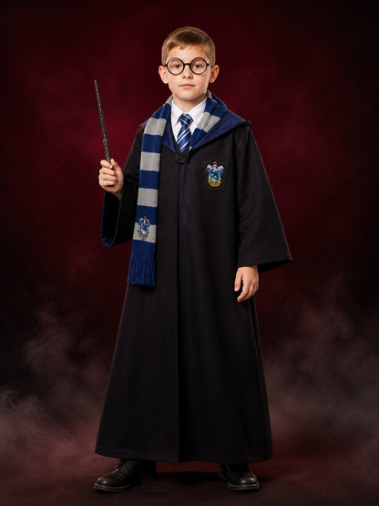 Kids Wizard Costume Set, Long Black Robe With Shawl Collar, Includes Tie, Scarf