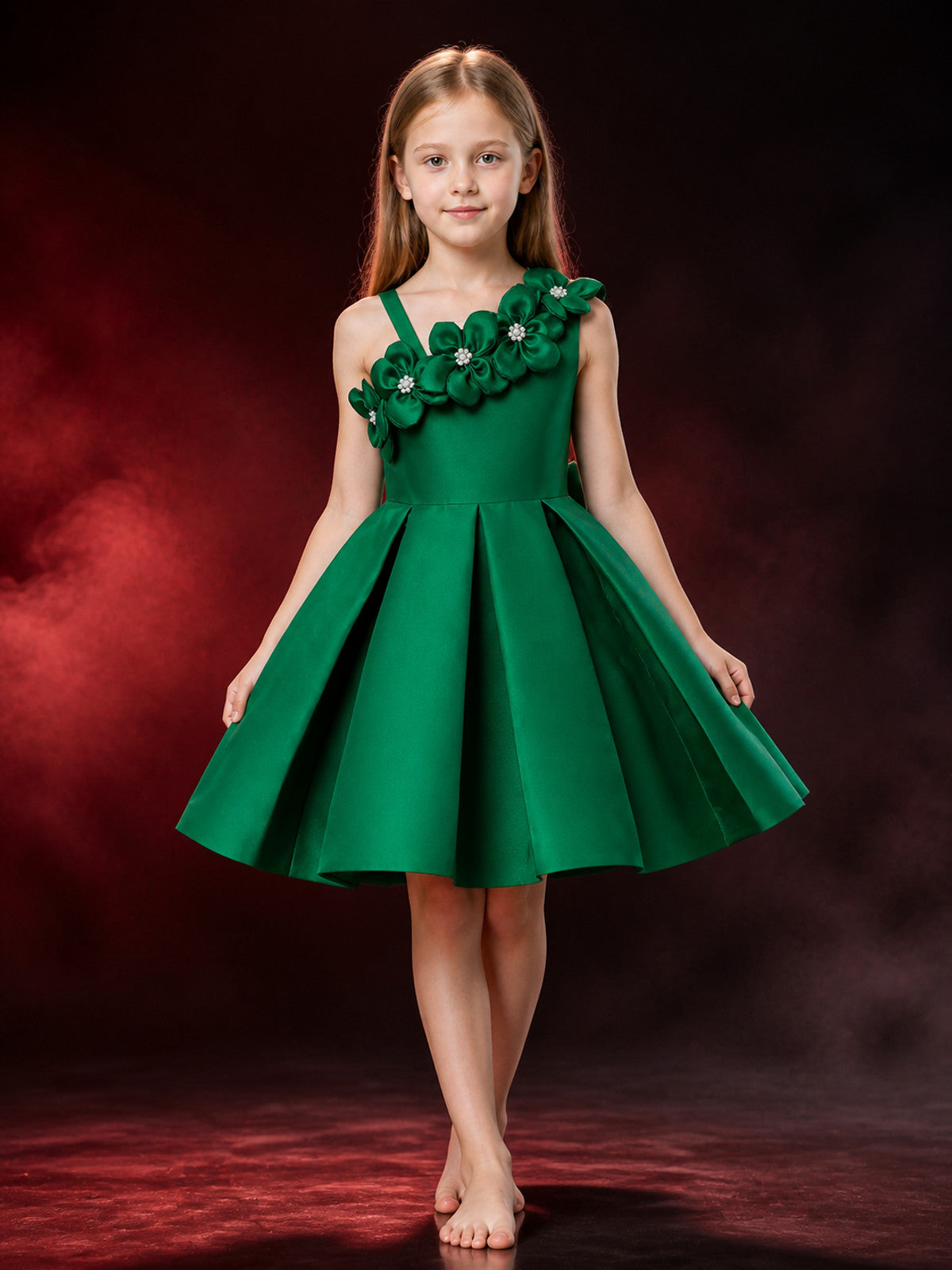 Girls' Dark Green Princess Dress, One-Shoulder 3D Floral Full-Skirt Design main product view