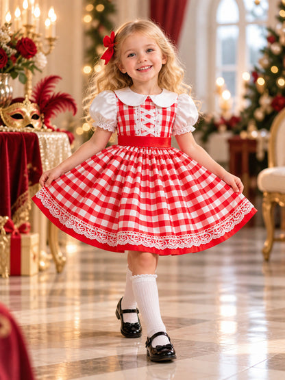 Girls' Holiday Dress in Red and White Check with Bow