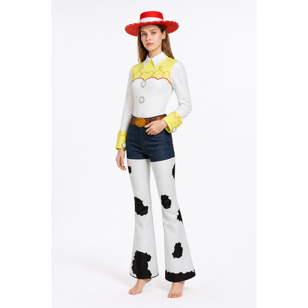 Cowboy Costume with Red Hat and White Flared Pants Costume Headwear detail