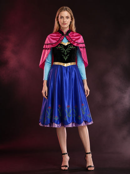 Women's Princess Costume Set, Blue Embroidered Dress with Pink Cape and Gold