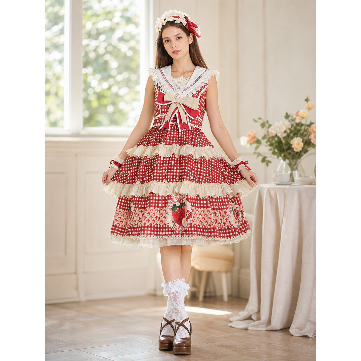 Sleeveless Strawberry Plaid Lolita Dress lifestyle view