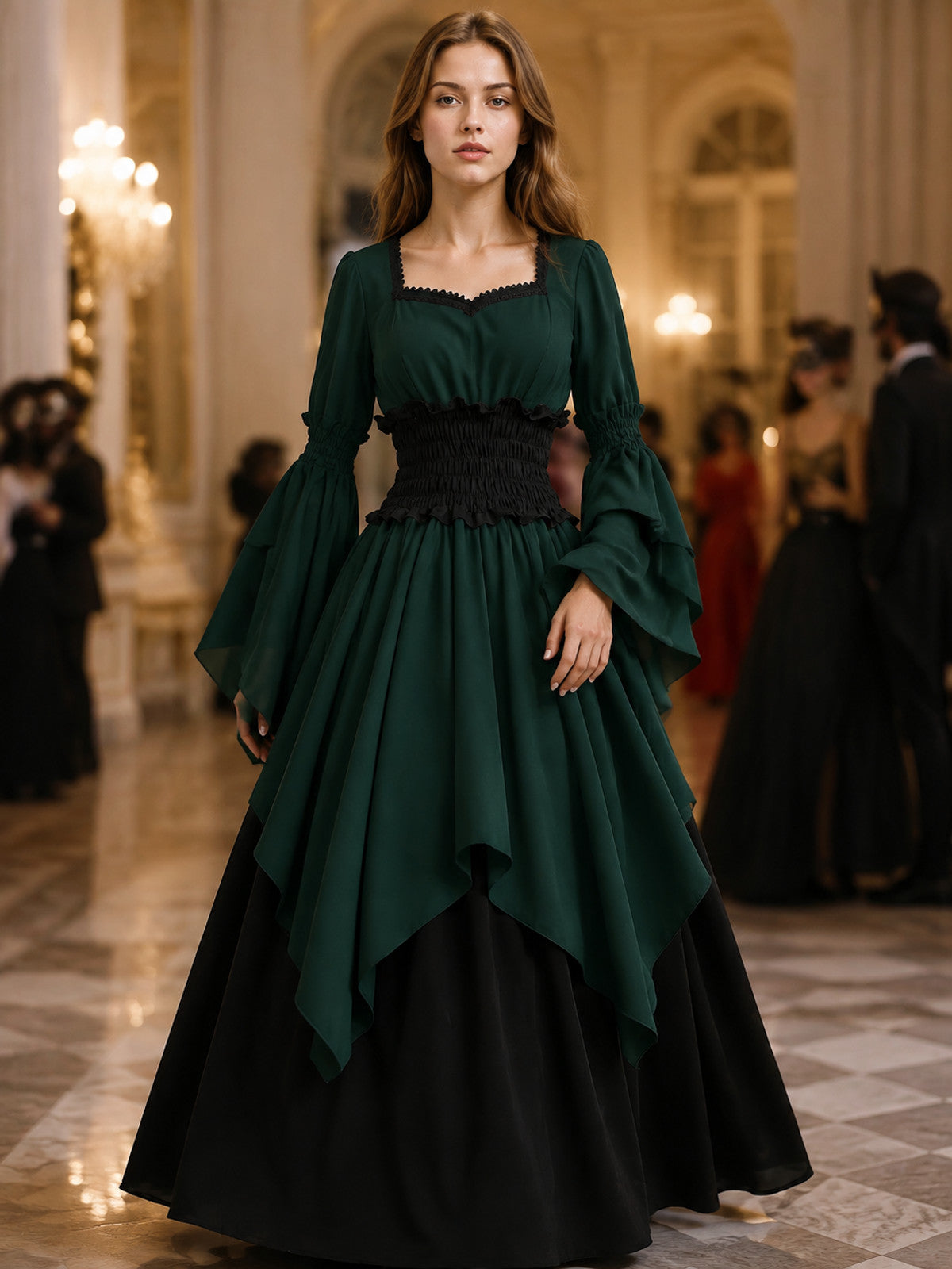 Layered Dark Green Dress with Flared Sleeves lifestyle view