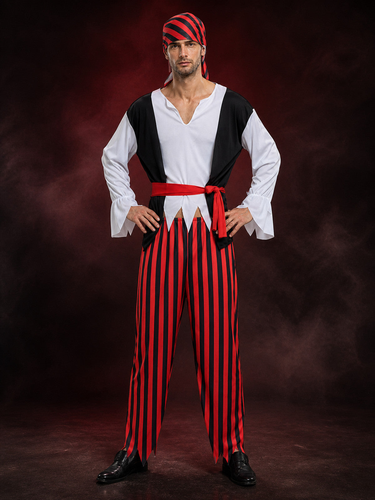 Adult Pirate Captain Halloween Costume Set with Striped Top, Pants, Headscarf main product view