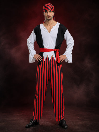 Adult Pirate Captain Halloween Costume Set with Striped Top, Pants, Headscarf main product view