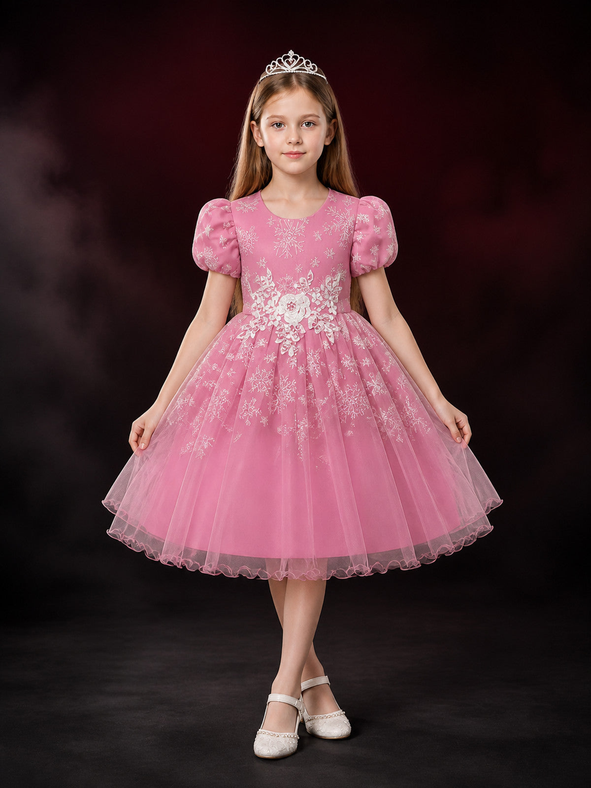 Girls' Snowflake Princess Dress, Puff Sleeves, Layered Tulle Skirt main product view