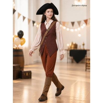 Pirate costume with vest, pants, and wide-brimmed hat lifestyle view