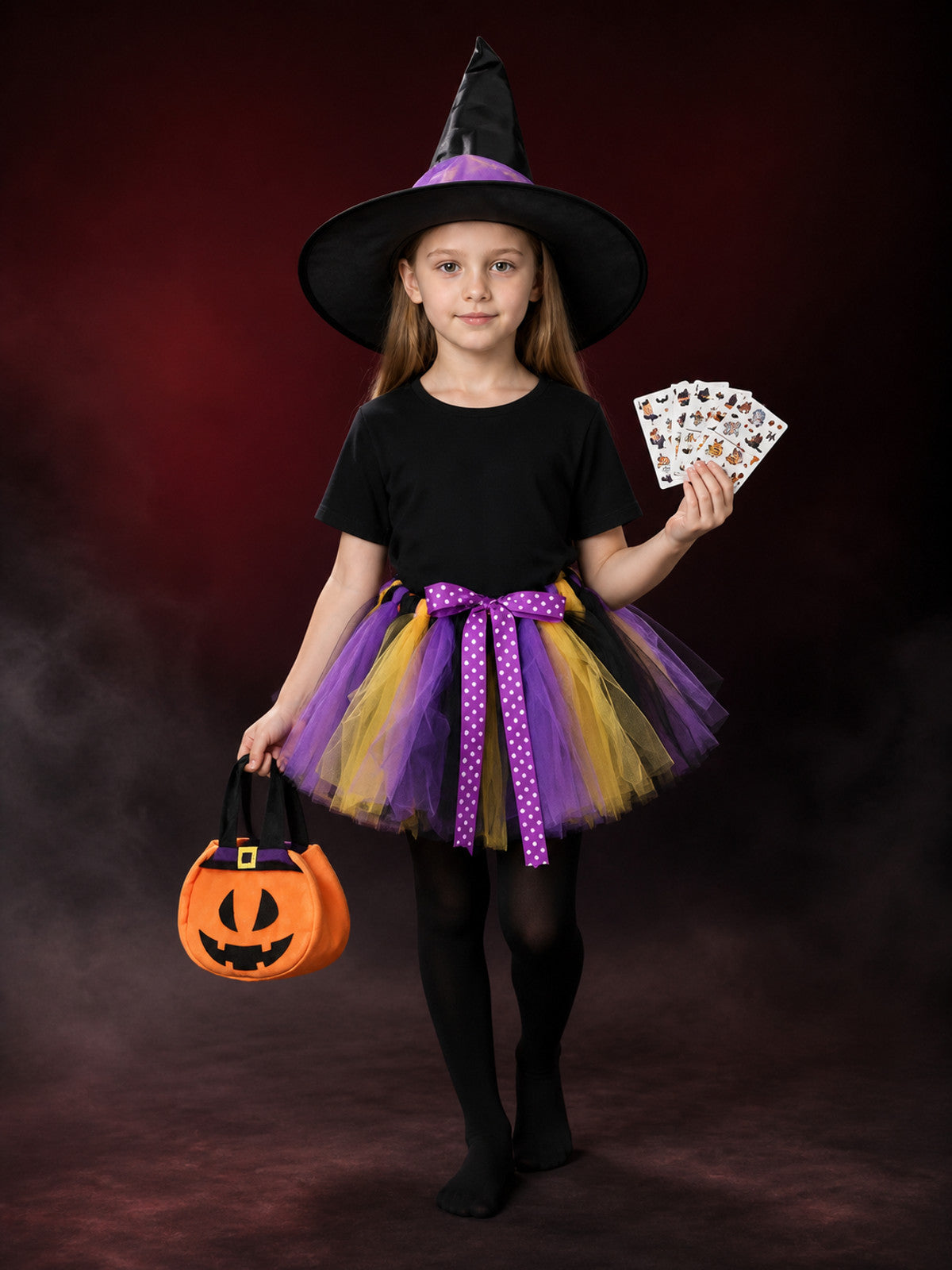 Girls' Witch Costume Set, Layered Tutu Skirt With Hat, Candy Bag, Tights &