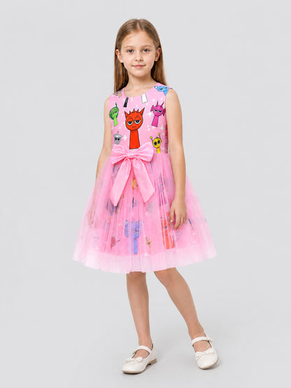 Girls' Puffy Tutu Dress with Cartoon Print and Pink Bow