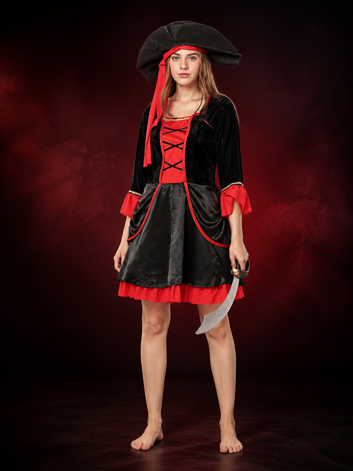 Women's Pirate Costume Set, Black and Red Dress with Hat, Cross Lace Up for