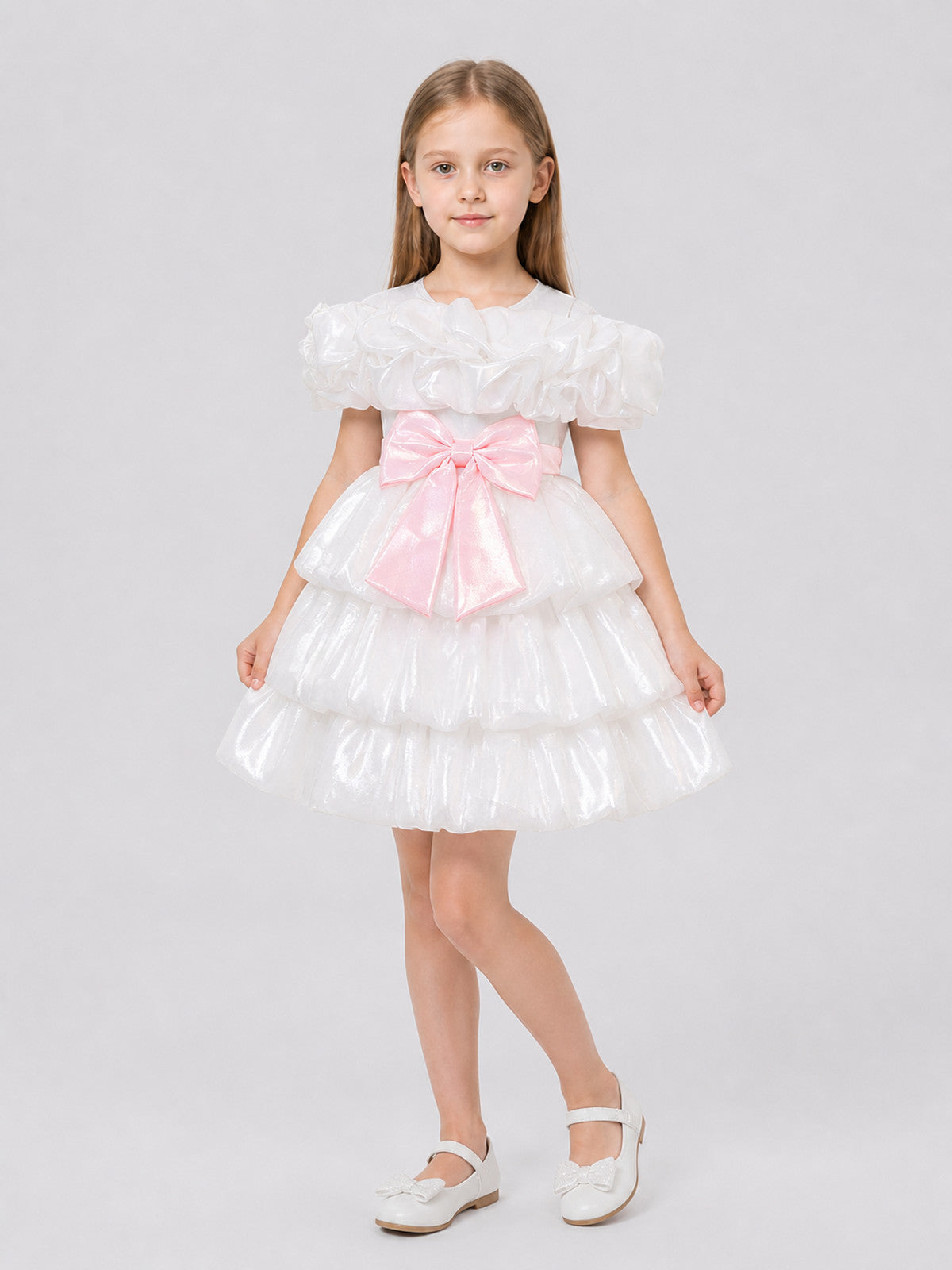 White Princess Dress for Girls with a Pink Bow Costume Dresses detail