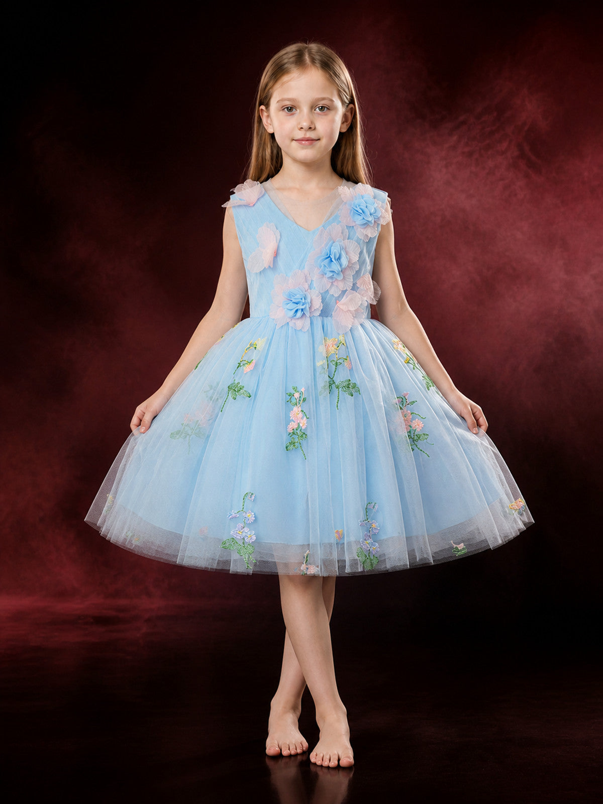Girls' Sky Blue Princess Dress, Sleeveless Full Skirt With 3D Floral Embroidery main product view