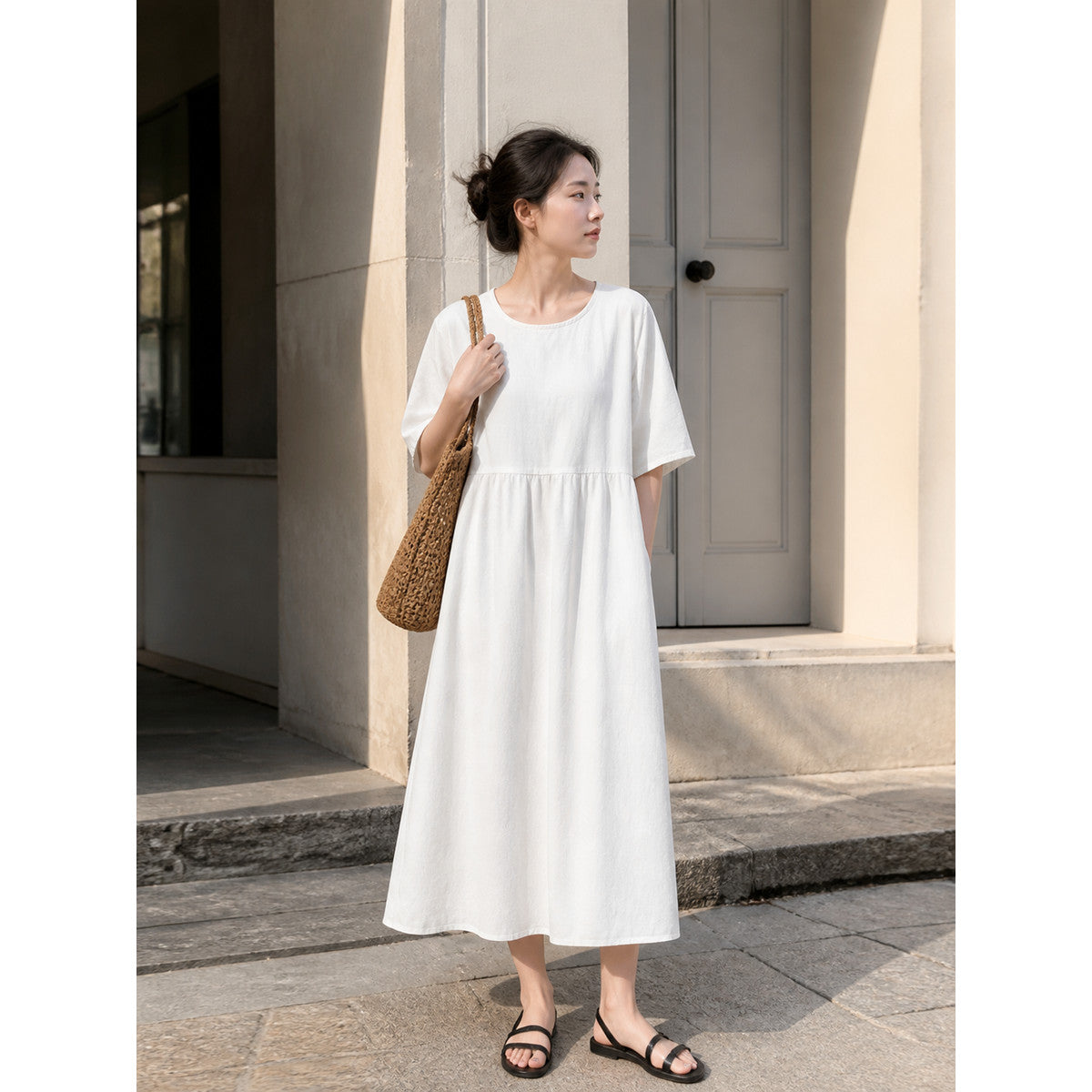 Long A-Line Dress with a Round Neckline