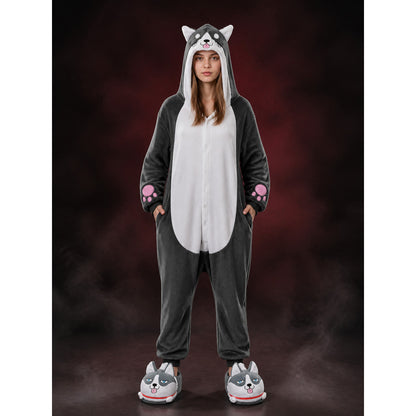 Husky Animal Hooded Jumpsuit Costume, Gray and White with Pink Paw Prints main product view