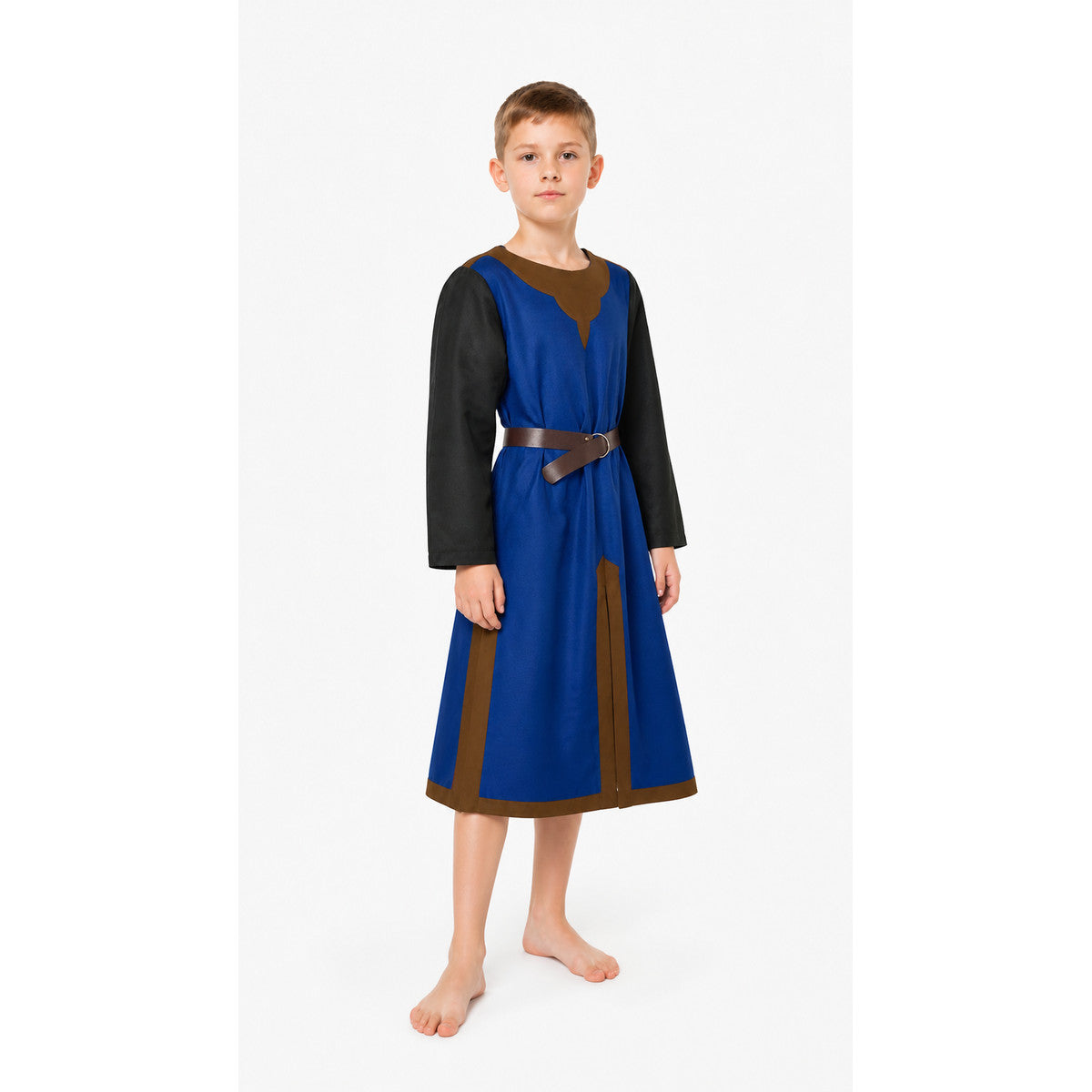 Medieval Robe with Belt and Patchwork, Blue and Brown Costumes detail