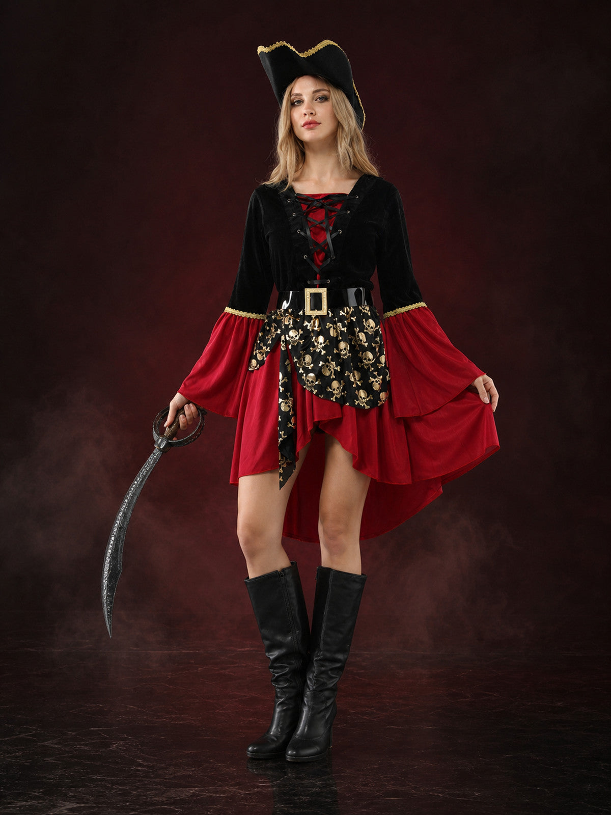 Women's Pirate Costume Set, Black Red Asymmetric Skull Print Dress with Hat & main product view
