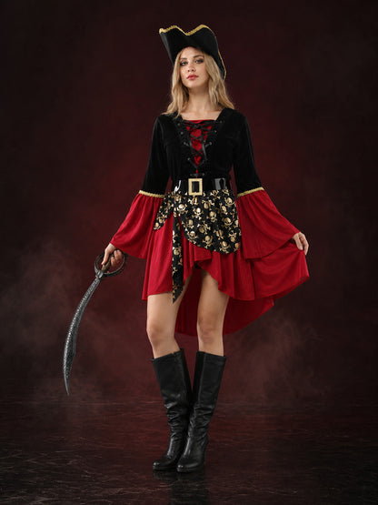 Women's Pirate Costume Set, Black Red Asymmetric Skull Print Dress with Hat & main product view