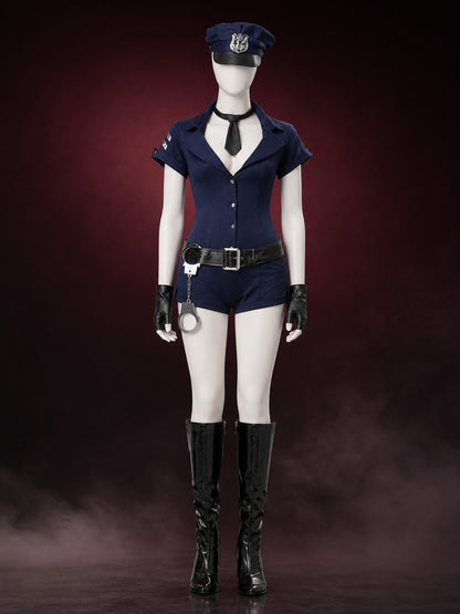Women's Navy Blue Police Officer Bodysuit Halloween Costume Set with Hat, Tie