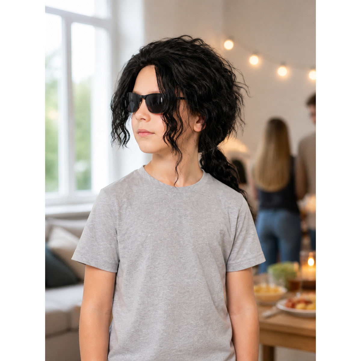 Black Carnival Wig with Ponytail for Halloween and Cosplay lifestyle view