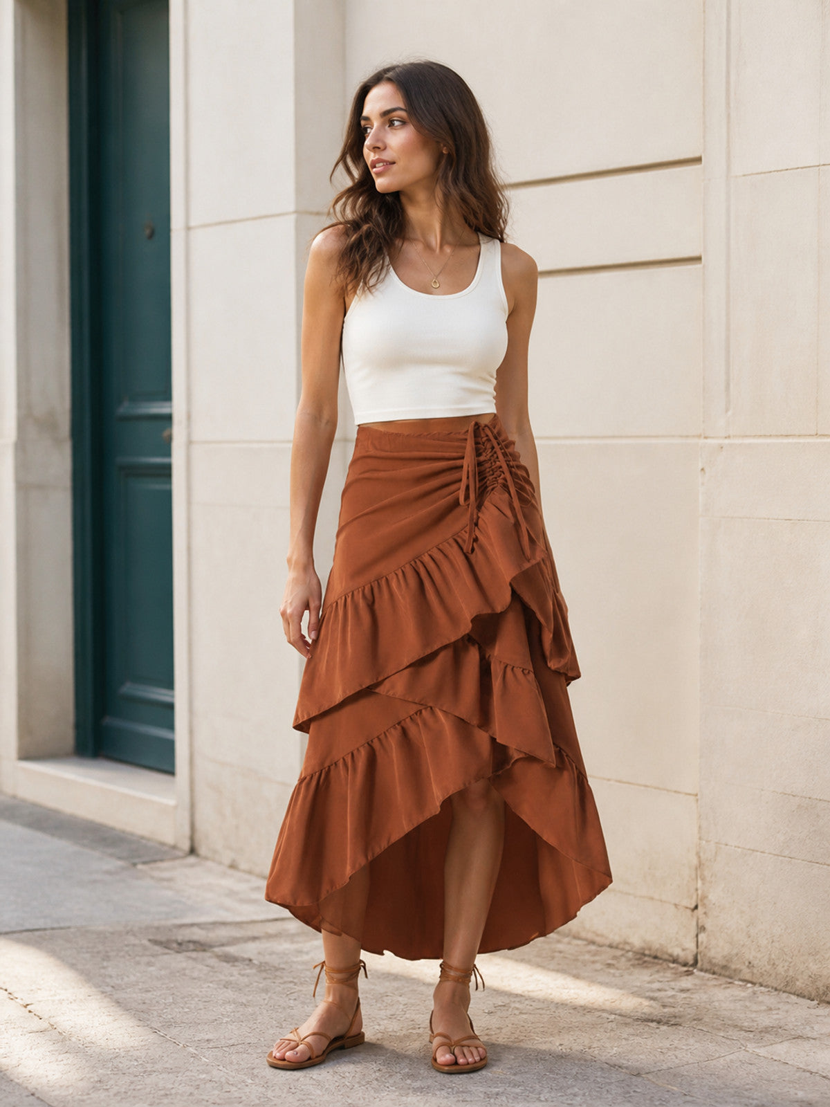 Skirt with an Asymmetrical Tiered Ruffle and Drawstring product detail