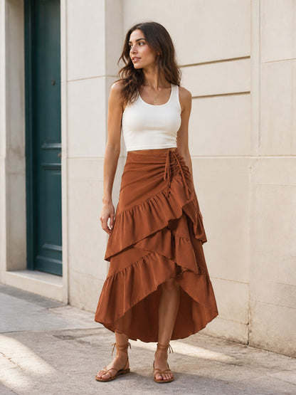 Skirt with an Asymmetrical Tiered Ruffle and Drawstring product detail