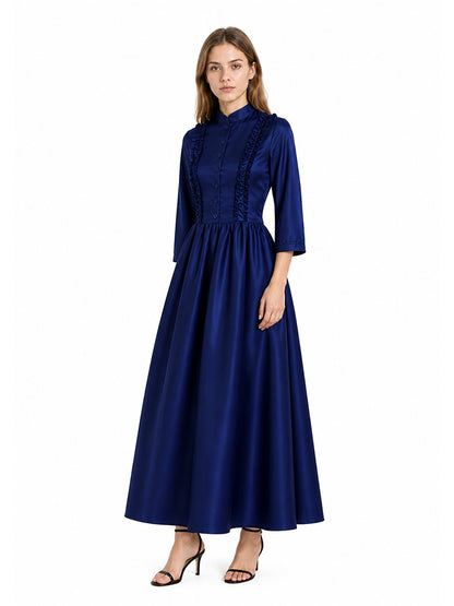 Vintage Blue Dress with High Collar and Buttons
