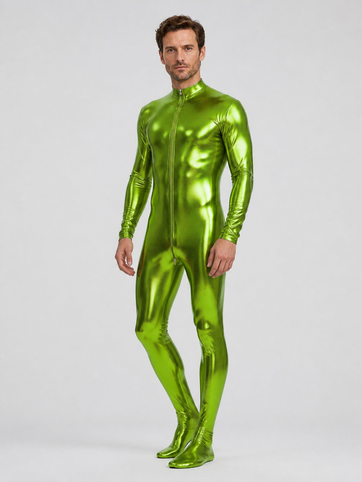 Shiny Green Form-Fitting Jumpsuit with Zipper for the Stage