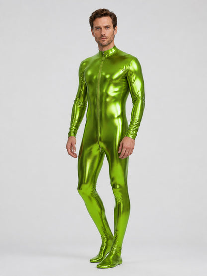 Shiny Green Form-Fitting Jumpsuit with Zipper for the Stage