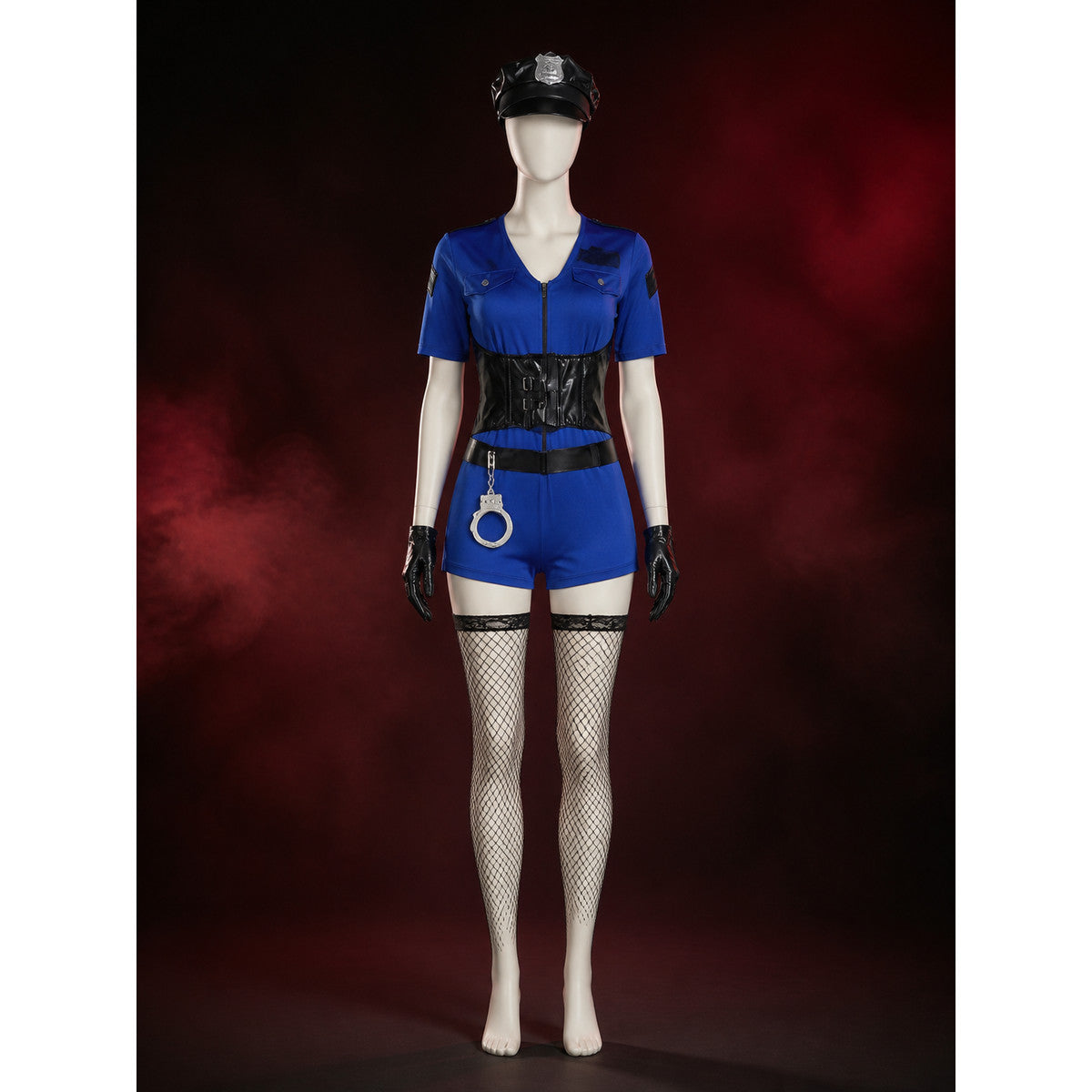 Women's Blue Police Officer Costume Set with Hat, Gloves, Handcuffs, and main product view