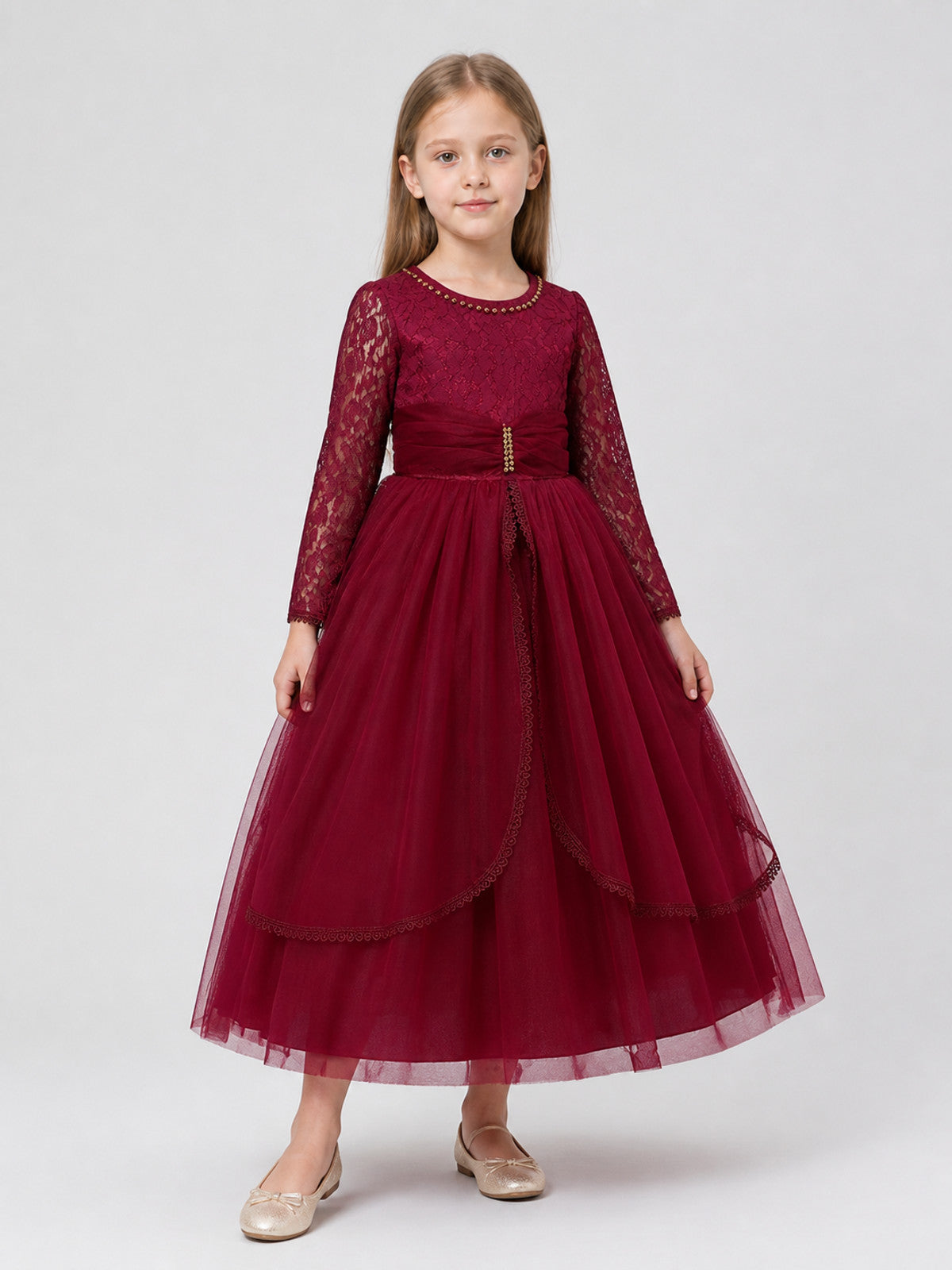 Girls' Burgundy Lace Dress with a Full Skirt Costume Dresses detail