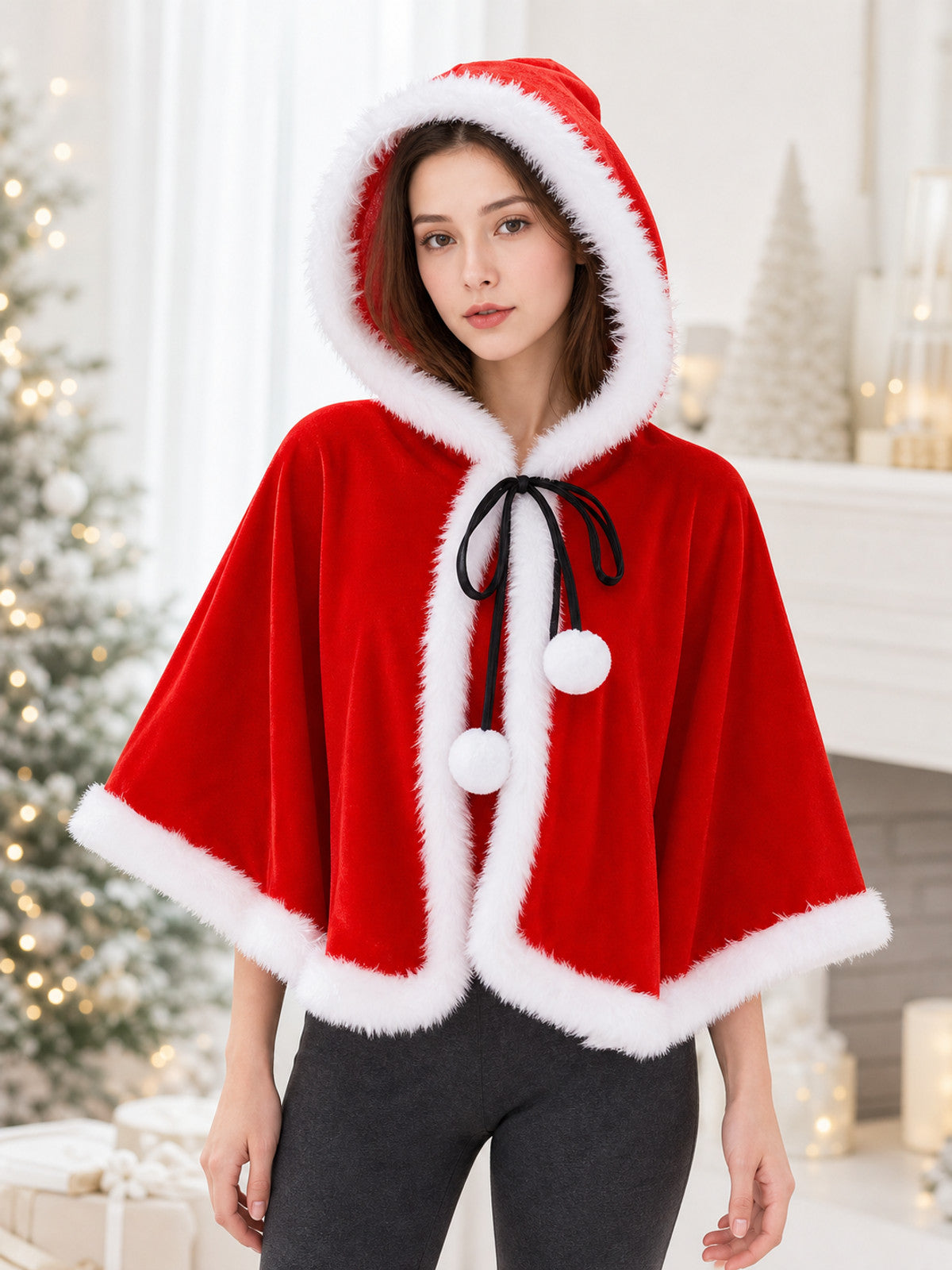 Christmas Hooded Cape with White Trim lifestyle view