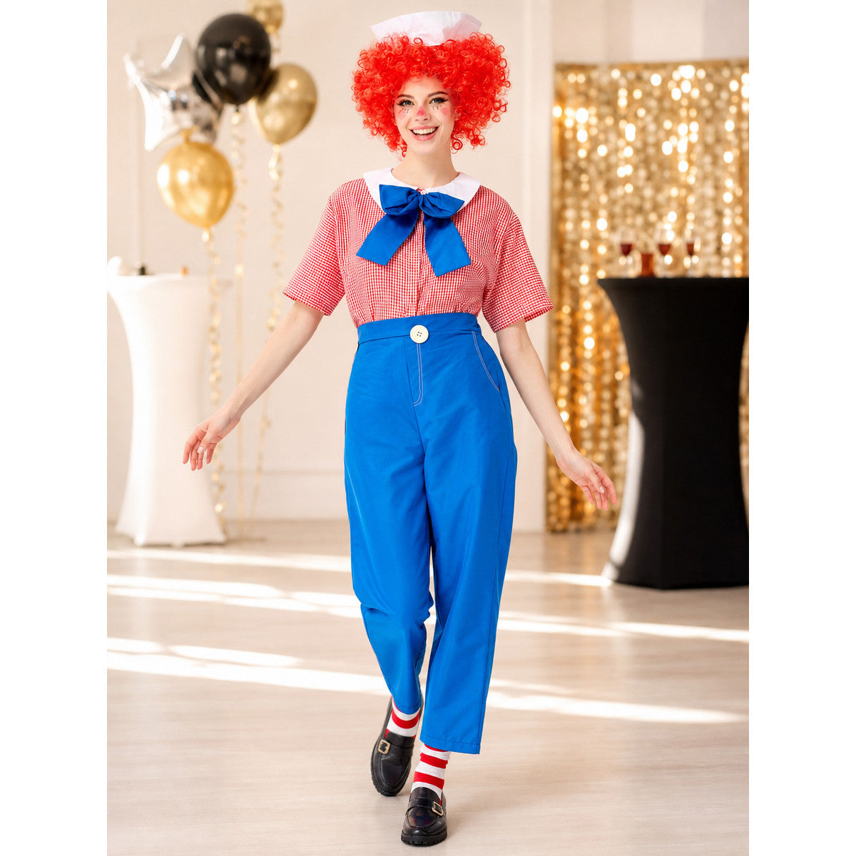 Halloween clown costume with red wig