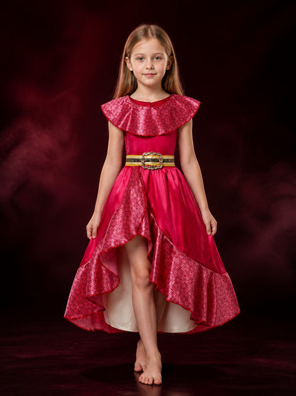 Girls' Pink Princess Costume Dress with Ruffle Collar and Gold Waistband for