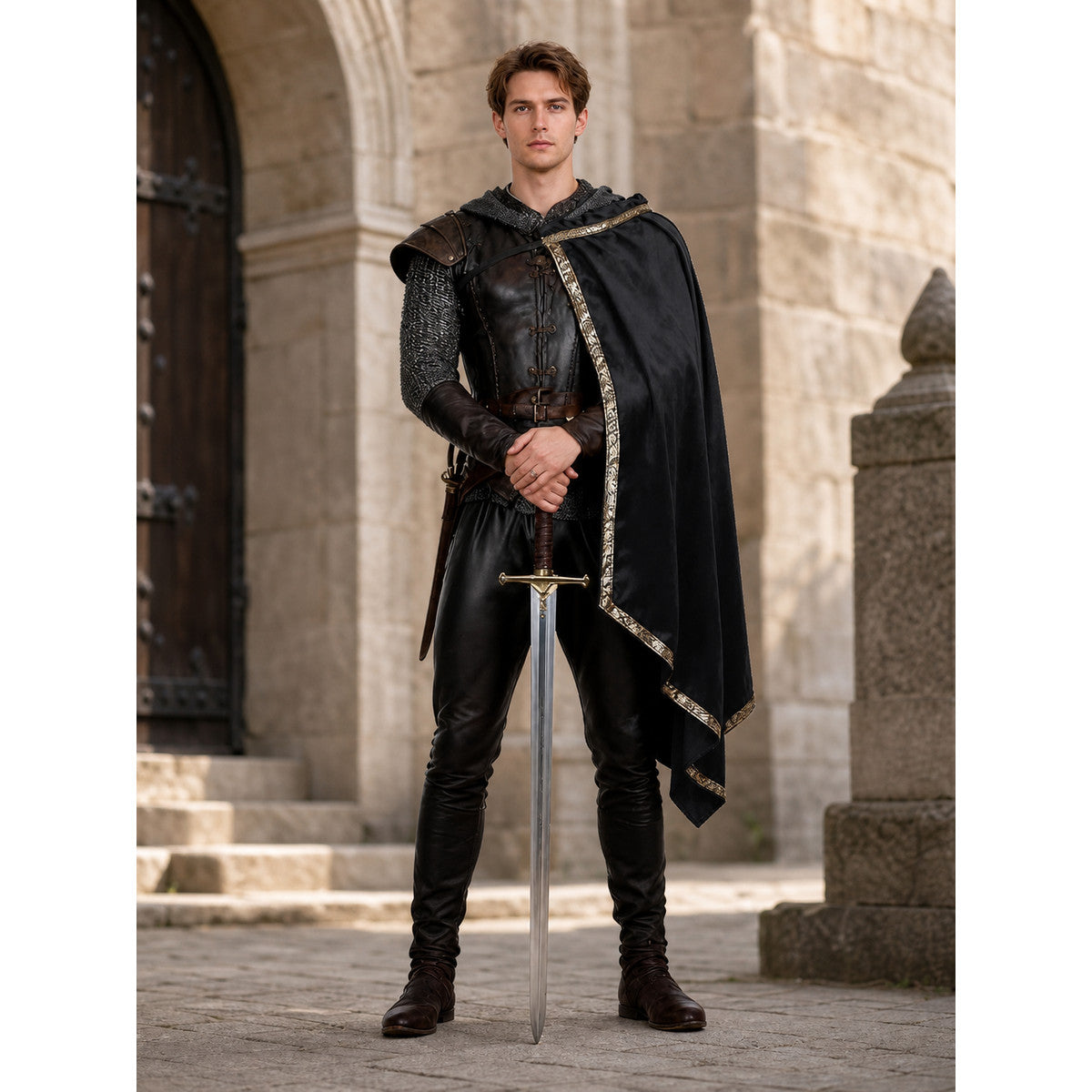 Black medieval costume shown full-body outdoors, featuring a leather-look vest, chainmail sleeves, asymmetrical hooded cape, decorative trim, and sword