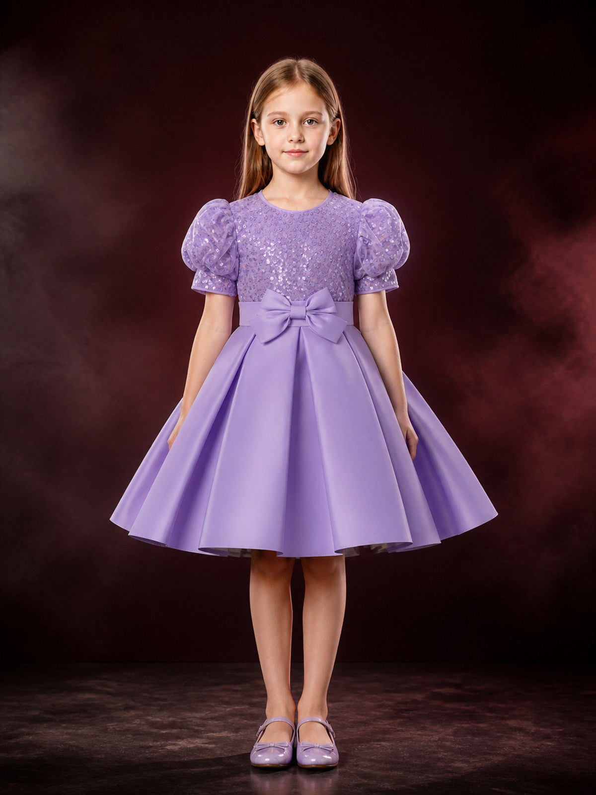 Toddler Girls' Light Purple Sequined Princess Dress with Puff Sleeves and Bow main product view