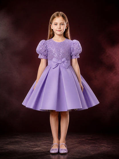 Toddler Girls' Light Purple Sequined Princess Dress with Puff Sleeves and Bow main product view