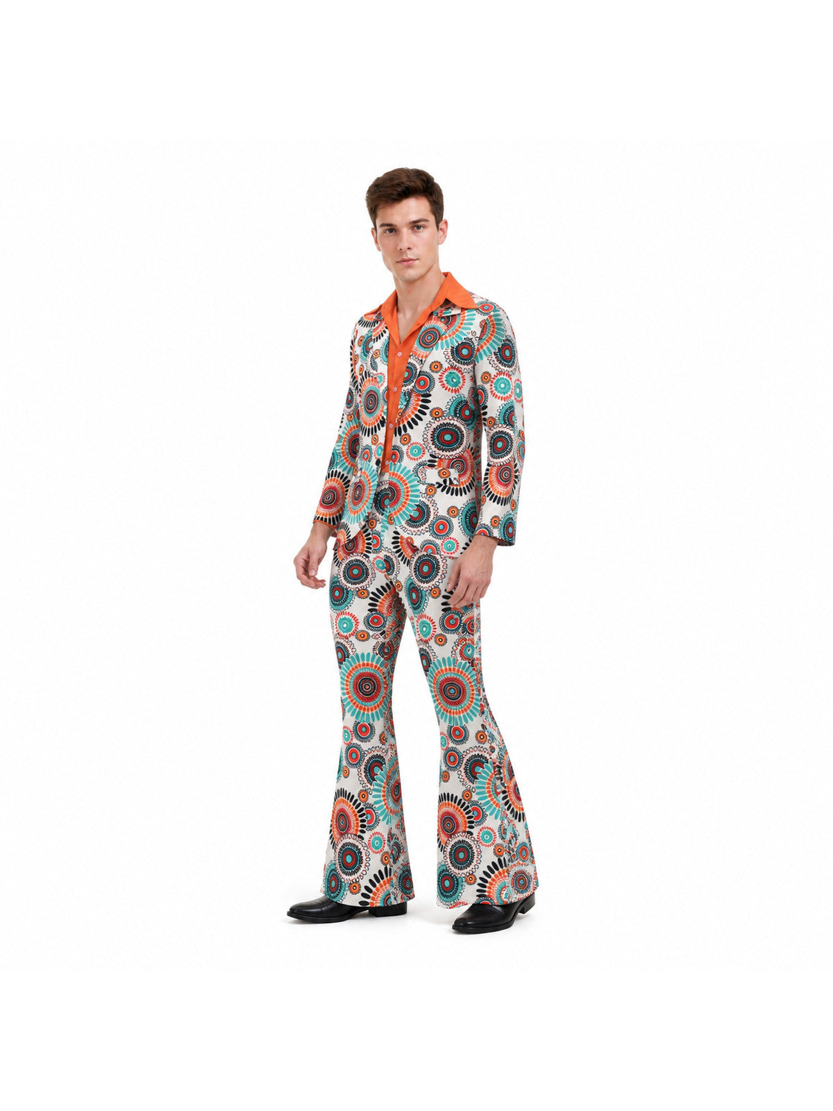 Jumpsuit with Geometric Print, Collar, and Flared Legs