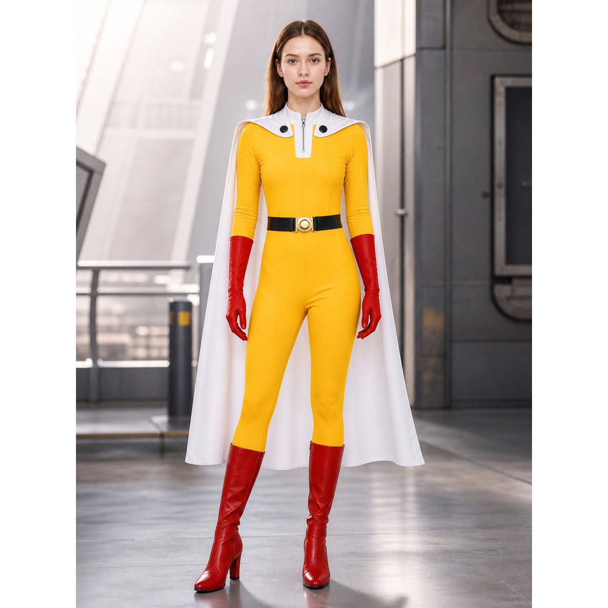 Cosplay Costume: Jumpsuit with Cape and Gloves lifestyle view