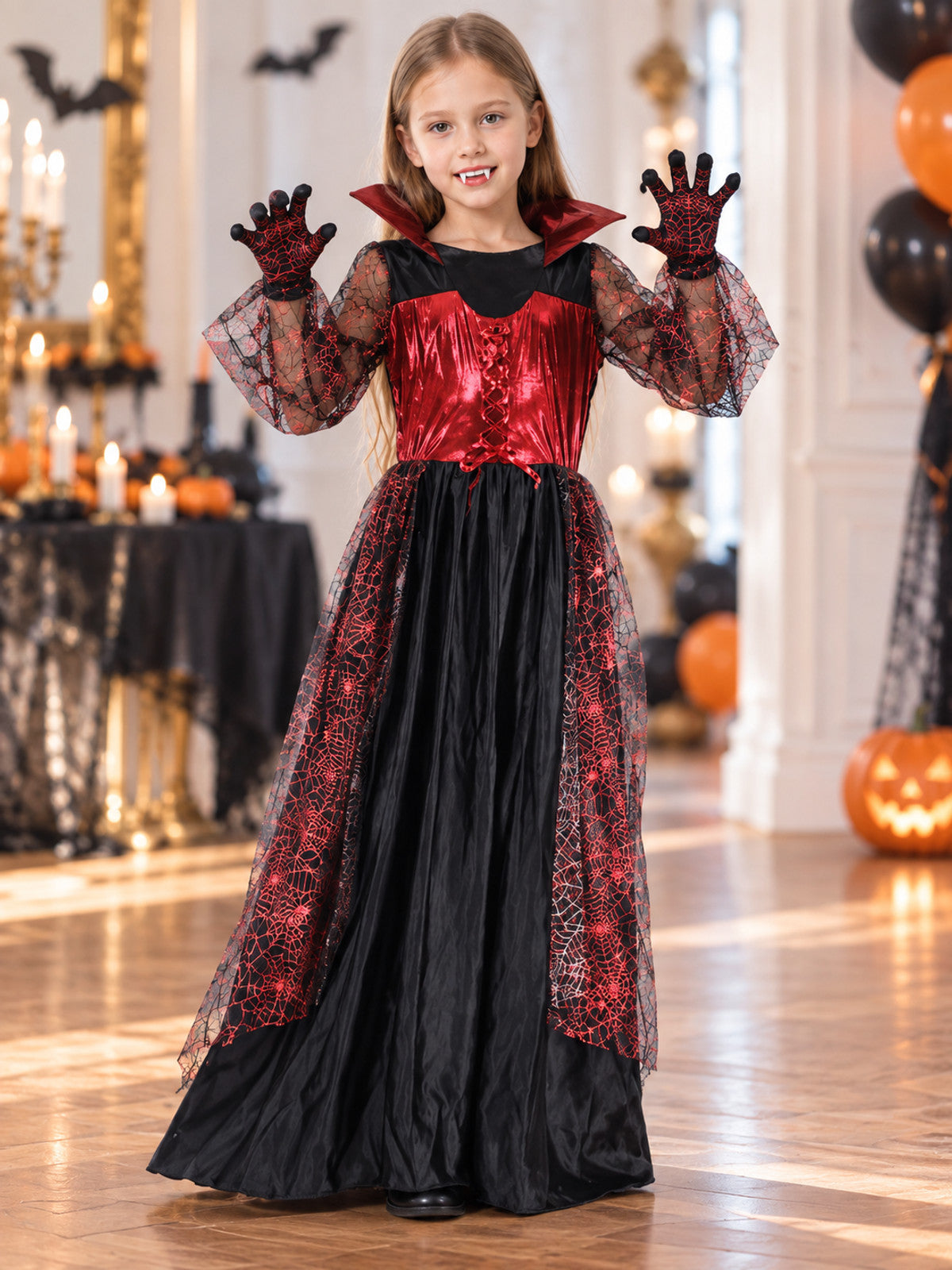 Kids' Vampire Costume Dress with Gloves and Fangs