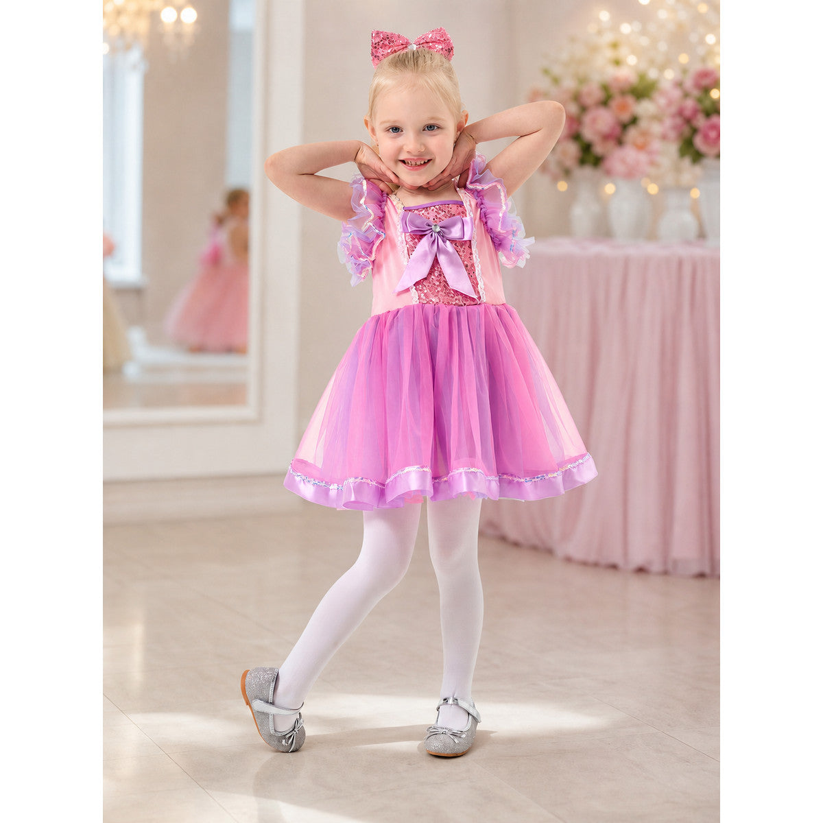 Girls' Fluffy Tutu Dress with a Bow and Sequins for Stage Performances lifestyle view