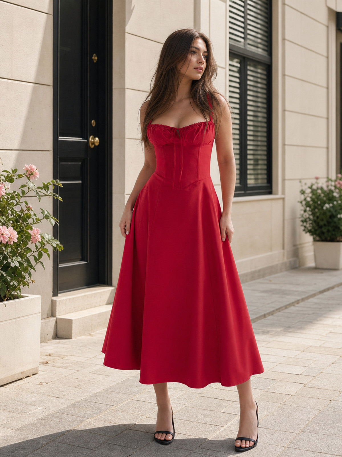 Red dress with thin straps and a fitted silhouette Costume Dresses detail