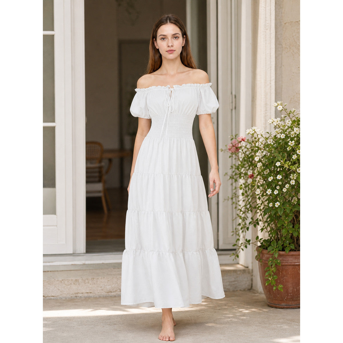 White Off-the-Shoulder Dress with Tiered Skirt