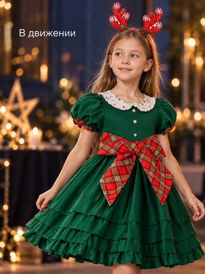 Dressy Dark Green Dress with Plaid Bow and Headband