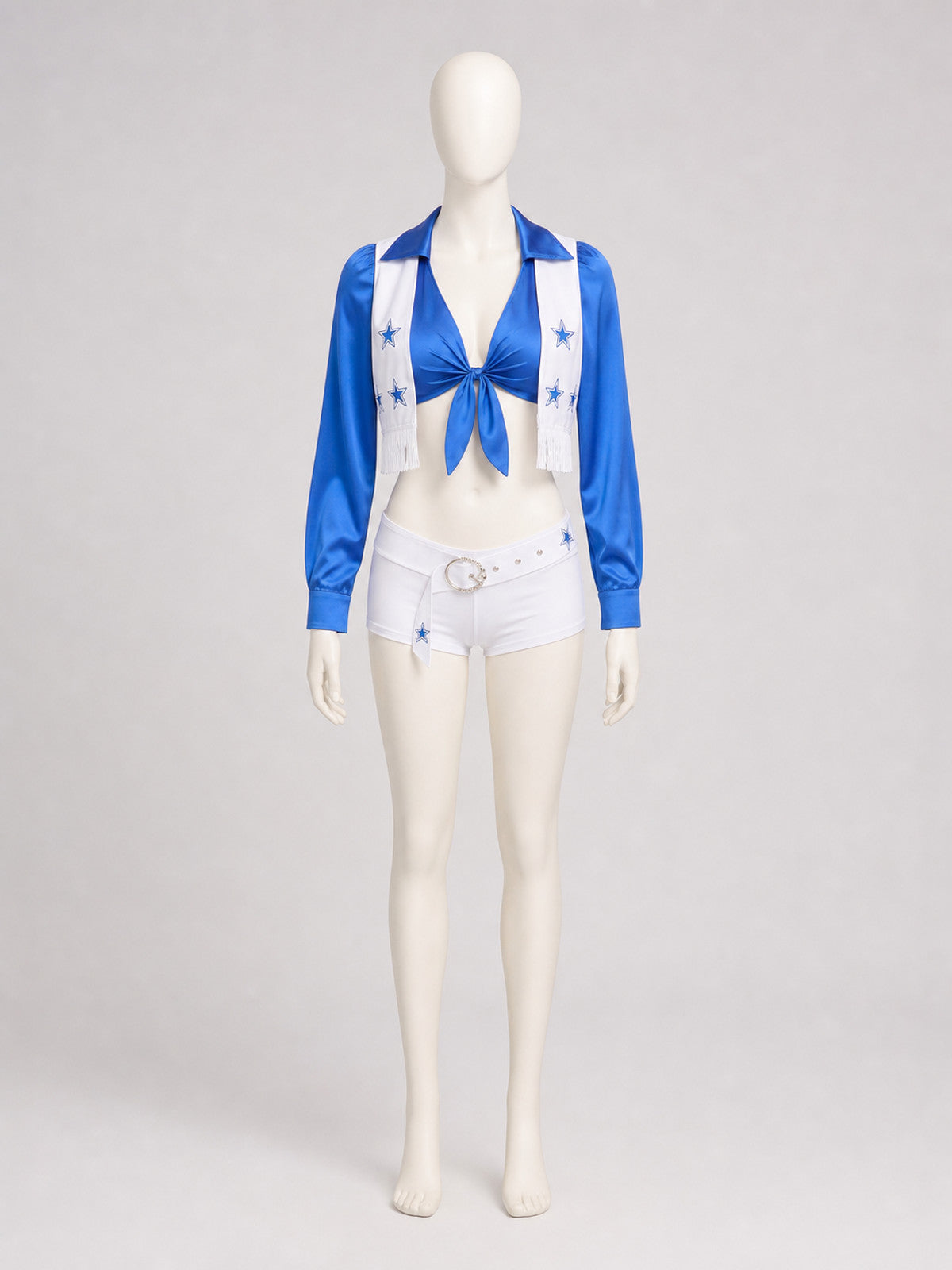 Blue-and-White Cheerleading Costume, Top, Shorts, and Scarf Costumes detail