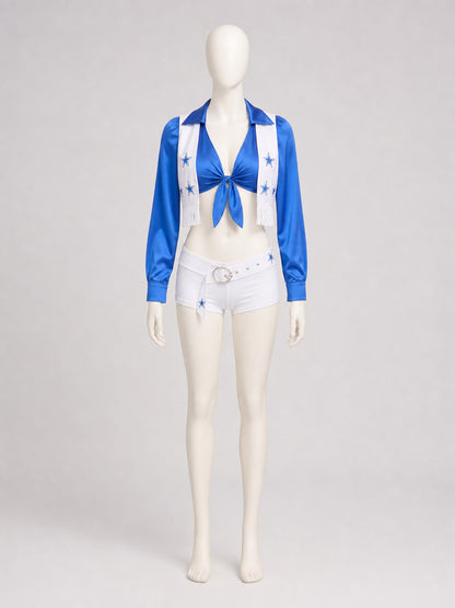 Blue-and-White Cheerleading Costume, Top, Shorts, and Scarf Costumes detail
