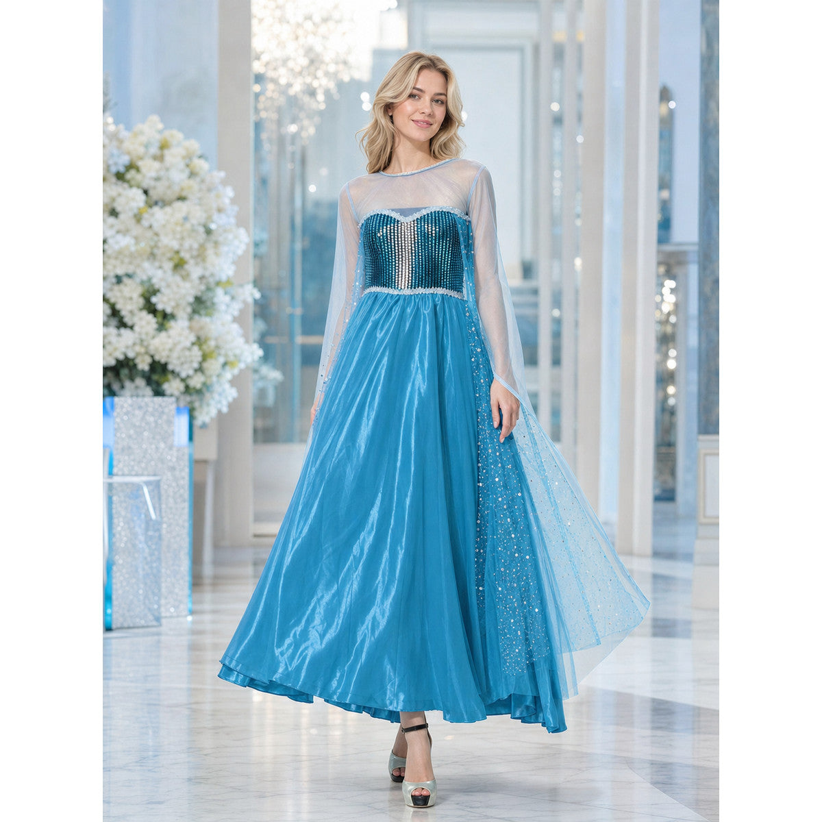 Blue Sequin Maxi Dress for Cosplay lifestyle view