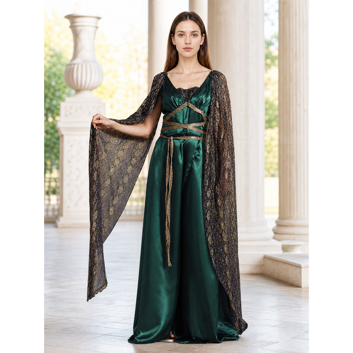 Fantasy Dress with Cape and Gold Headdress lifestyle view
